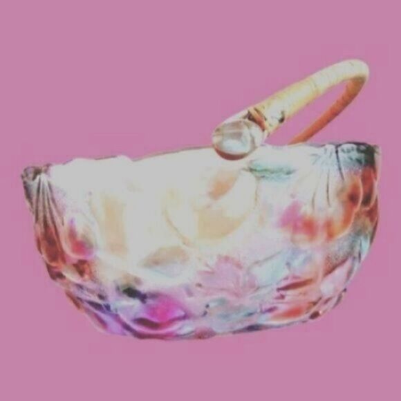 GLASS BASKET Fruit Oval LIBBY Orchard Style Bowl with RATTAN HANDLE VINTAGE - Picture 2 of 5